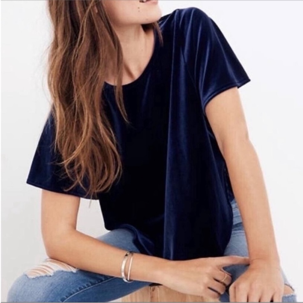 NWT Madewell Navy Velvet Butterfly Short Sleeve Blouse. Size XXS/XS.